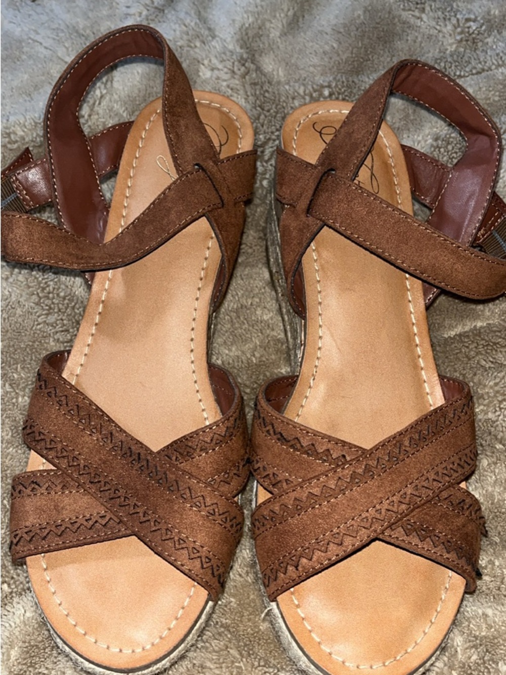 Fergie Brown Suede Crisscross Wedge Sandals